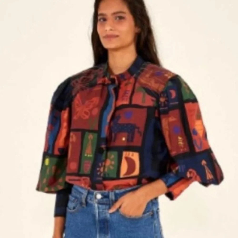 NEW FARM Rio Colorful Tropical Icons Blouse Puff Sleeves Cotton Bird Size S or M